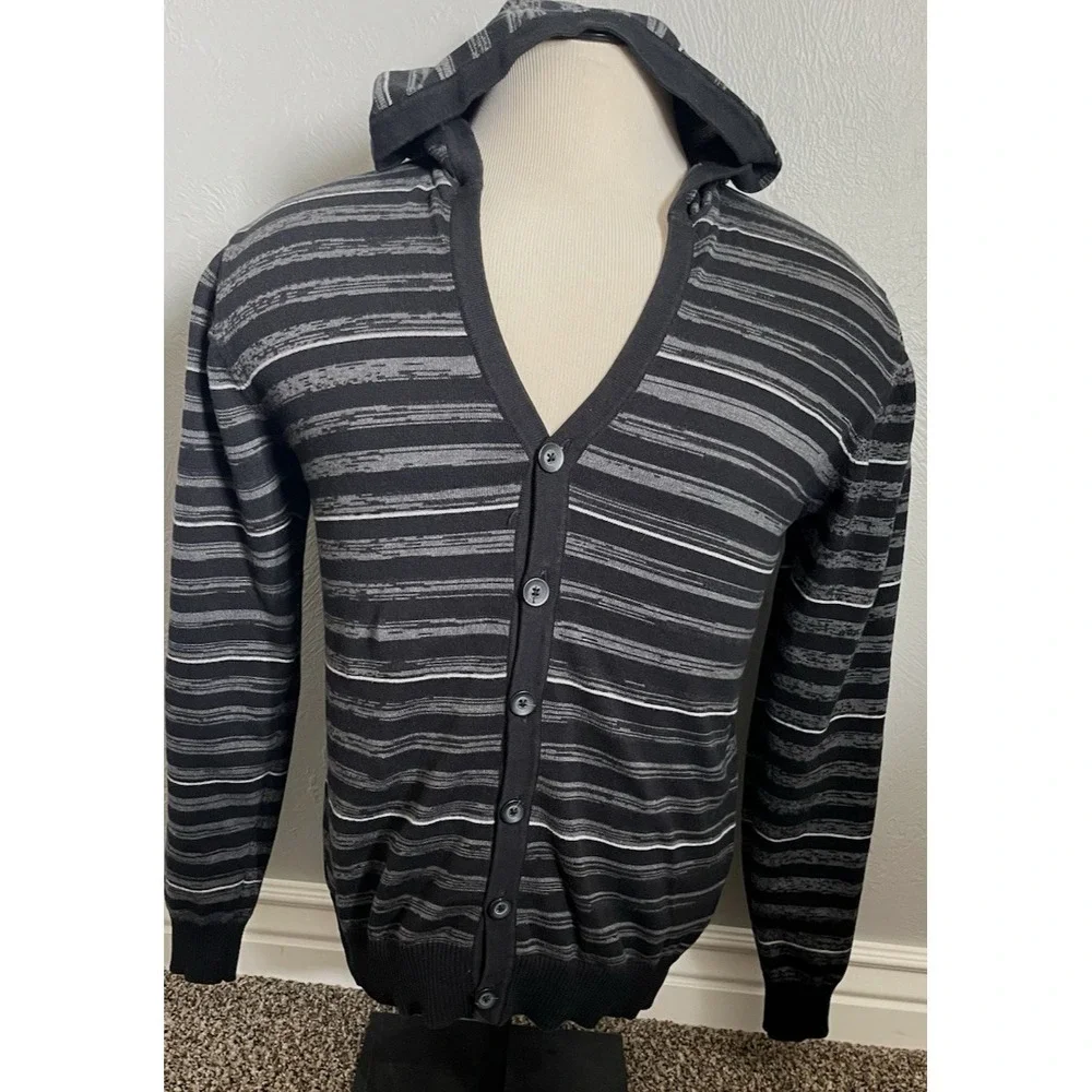 XG‎ Premium Quality V-Neck Button Up Hooded Black Mens Sweater Size Medium
